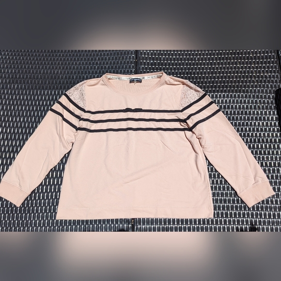 Karl Lagerfeld Women's Size Large Pink Sweater with Black Stripes and Bow - Picture 1 of 6